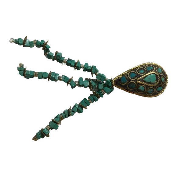 VINTAGE Turquoise and gold tone with bead tassels brooch pin - Picture 2 of 5